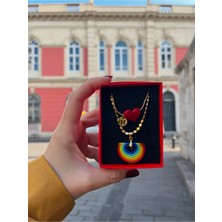 Nergis Collection Sevgililer Günü Kişiselleştirilmiş Murano Kırmızı Kalp Gökkuşağı Set Tüm Harfler Mevcuttur