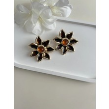 Nergis Collection Kadın Kahverengi Çiçek Gold Çelik Küpe