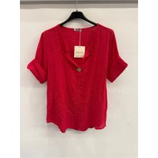 Della Moor Kırmızı Italyan Açık Yaka Yarım Kol Oversize Bluz 40 - 44 Beden
