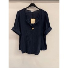 Della Moor Lacivert Italyan Açık Yaka Yarım Kol Oversize Bluz 40 - 44 Beden