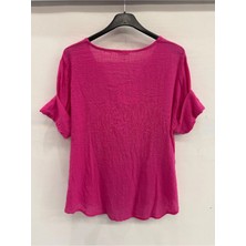 Della Moor Fuşya Italyan Açık Yaka Yarım Kol Oversize Bluz 40 - 44 Beden