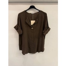Della Moor Kahverengi Italyan Açık Yaka Yarım Kol Oversize Bluz 40 - 44 Beden