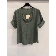 Della Moor Haki Italyan Açık Yaka Yarım Kol Oversize Bluz 40 - 44 Beden