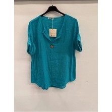 Della Moor Turkuaz Italyan Açık Yaka Yarım Kol Oversize Bluz 40 - 44 Beden