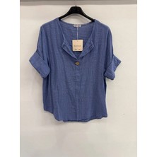 Della Moor Mavi Italyan Açık Yaka Yarım Kol Oversize Bluz 40 - 44 Beden