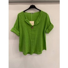 Della Moor Yeşil Italyan Açık Yaka Yarım Kol Oversize Bluz 40 - 44 Beden