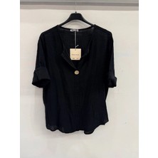 Della Moor Siyah Italyan Açık Yaka Yarım Kol Oversize Bluz 40 - 44 Beden