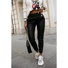 Secret Sita Kadın Yüksek Bel Lastikli Cepli Deri Pantolon