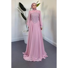 Merven Akyüz  Saphielle Seyyar Taşlı Korseli Abiye Pudra