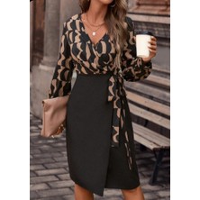 Secret Sita Kadın Uzun Kollu Kruvaze Yaka Dijital Baskılı Fiyonk Detay Atlas Kumaş Elbise