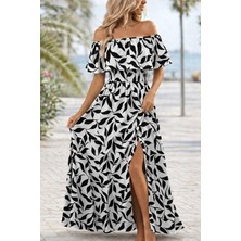 Secret Sita Kadın Madonna Yaka Göğüs Lastikli Yırtmaçlı Uzun Desenli Süprem Elbise