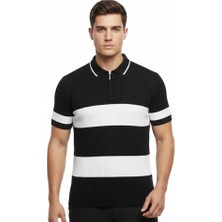 Secret Sita Erkek Tshirt Çizgili Triko Dokuma Kumaş Polo Yaka Yarım Fermuarlı Regular Kalıp Tişört  Siyah