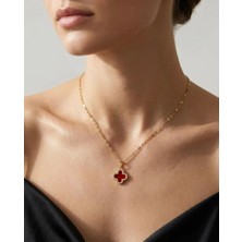 Liyona Bordo Gold Yonca Model Çelik Kolye
