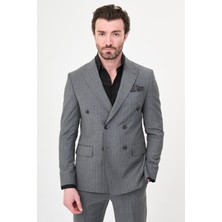 MCR Çizgili Slim Fit Geniş Yaka Kruvaze Premium Yün Erkek Takım Elbise