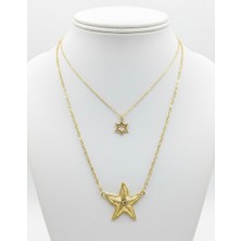 Vintage Takı Denizyıldızı ve Gökyüzü Yıldızı Ikili Kolye - Altın Rengi Gold Kolye