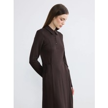 LC Waikiki Lcw Modest Kahverengi Gömlek Yaka Belden Oturtmalı Elbise