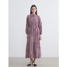 LC Waikiki Lcw Modest Bordo Gömlek Yaka Desenli Belden Oturtmalı Elbise
