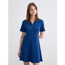 LC Waikiki Lcw Comfort Lacivert Polo Yaka Fitilli Peplum Mini Elbise