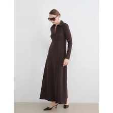 LC Waikiki Lcw Everyday Kahverengi Gömlek Yaka Belden Oturmalı Elbise