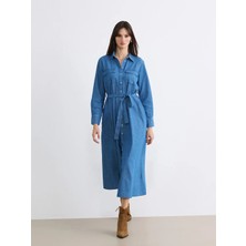 LC Waikiki Lcwaıkıkı Classic Indigo Gömlek Yaka Beli Kuşaklı Jean Elbise