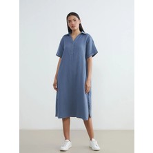 LC Waikiki Lcw Everyday Mavi Gömlek Yaka Dokulu Oversize Müslin Elbise