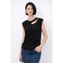 Fashion Friends Pencere Detaylı Taşlı Siyah Kadın Bluz 26Y0165K1