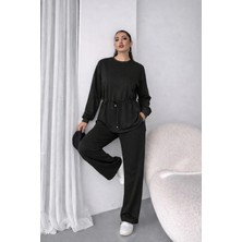 Secret Sita Kadın Uzun Kollu Bisiklet Yaka Belden Büzgülü Bağcıklı Viskon Iki Iplik Bluz ve Pantolon Ikili Takım