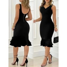 Secret Sita Kadın Askılı V Yaka Arkadan Fermuarlı Dalgıç Elbise