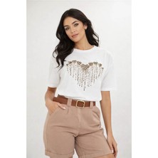 Fashion Friends Taş Detaylı Baskılı Ekru Kadın T-Shirt 26Y0277K1