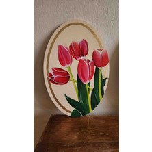 El Yapımı Oval Kanvas Tablo - 31X46 cm Kırmızı Lale Desenli - Altın Varak Detaylı - Dekoratif Duvar Sanat