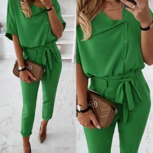 Secret Sita Kadın Kısa Kollu Yakalı Önden Düğmeli Bürümcük Bluz ve Pantolon Ikili Takım