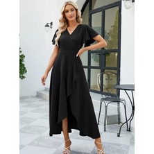 Secret Sita Kadın Kısa Kollu Kruvaze Yakalı Ön Asimetrik Volanlı Uzun Ithal Krep Elbise