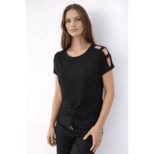 Fashion Friends Omuz Detaylı Siyah Kadın T-Shirt 26Y0195K1