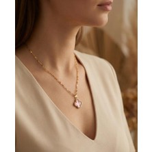 Liyona Çelik Gold Pembe Taşlı Van Cleef Kolye - Yonca Kolye