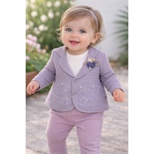 Bilge Trend Yakası Çiçek Detaylı ,incili Ceketli 3 Parça , Doğum Günü , Kutlama , Bayramlık Kız Bebek Takımı