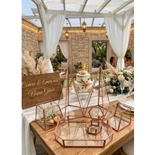 Güven Cam Nişan Söz Masa Üstü Sunum Seti I ( Geometrik Tepsi - Mumluk - Dikit )