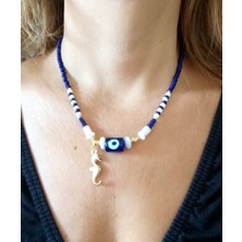 Funny Takı Denizatı Balık ve Bodrum Cam Nazar Ve Çek Cam Boncuklu Çelik Klips ve Zincirli Kolye