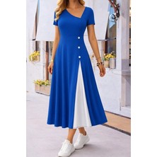 Secret Sita Kadın Kısa Kollu Asimetrik Yakalı Düğme Detaylı Midi Viskon Elbise