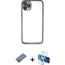 İlk El Grup Ieg™ iPhone 11 Pro Max Kılıf Vadi Minimal - Siyah 3D Antistatik Cam Ekran Koruyucu + Açık Yeşil Metal Kamera Lens Koruma Cam