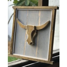 Ahşap Longhorn Boğa Figürlü Çerçeve - Retro Duvar Panosu