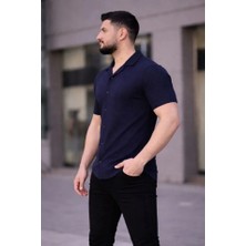 Secret Sita Erkek Waffle Kumaş Kısa Kollu Düğmeli Açık Yaka Regular Fit Gömlek  Acivert