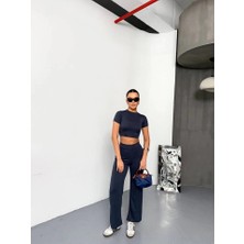 Secret Sita Osy Odal Yumuşak Dokulu Kumaş Kısa Kollu Crop Alt Ispanyol Paça Pantalon Ikili Takım  Füme