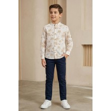 Mutlu Kids Hakim Yaka Beyaz-Bej Palmiye Desenli Erkek Çocuk Gömlek