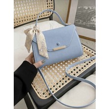 Özüm Çanta Kadın Mini Boy Suni Deri Fular Detaylı El ve Omuz Çantası Mavi