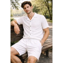 Secret Sita Erkek Waffle Kumaş Kısa Kollu Gömlek Şort Takım Regular Fit Yazlık Ikili Et  Beyaz