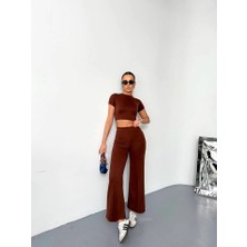 Secret Sita Osy Odal Yumuşak Dokulu Kumaş Kısa Kollu Crop Alt Ispanyol Paça Pantalon Ikili Takım  Kahverengi