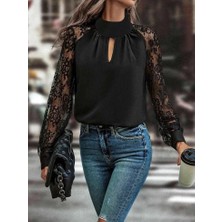 Secret Sita Kadın Uzun Kollu Göğüs Pencere Detay Yaka Boğazlı Kolları Tüllü Sandy Bluz