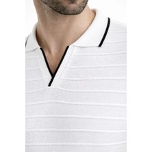 Secret Sita Erkek Triko Kumaş Yakalı Düğmesiz Açık Yaka Fitilli Kısa Kollu Regular Fit Tişört Tshirt  Beyaz