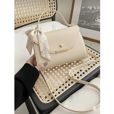 Özüm Çanta Kadın Mini Boy Suni Deri Fular Detaylı El ve Omuz Çantası Krem