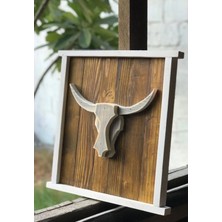 Ahşap Longhorn Boğa Figürlü Çerçeve - Retro Duvar Panosu